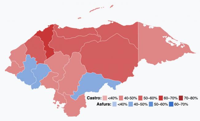 Results in the 2021 presidential election, by department. Xiomara Castro won with 51.1 percent over Nasry Asfura of the National Party's 36.9 percent. (CalciferJiji / CC BY-SA 4.0)