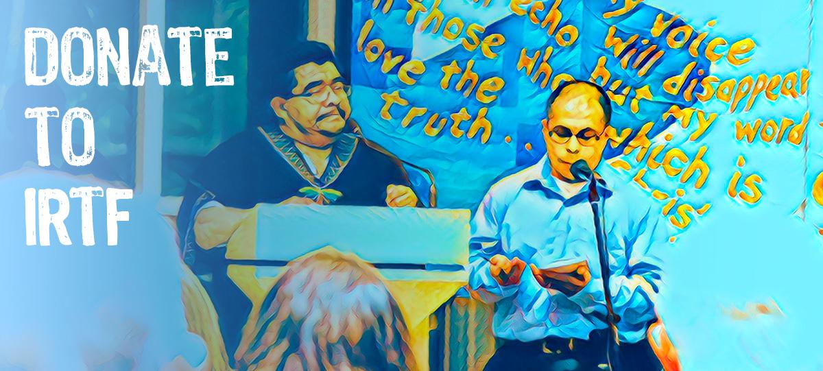 Text: Donate to IRTF; Image: A painterly rendition of two Latinx men at a podium, speaking to a large assembled audience.